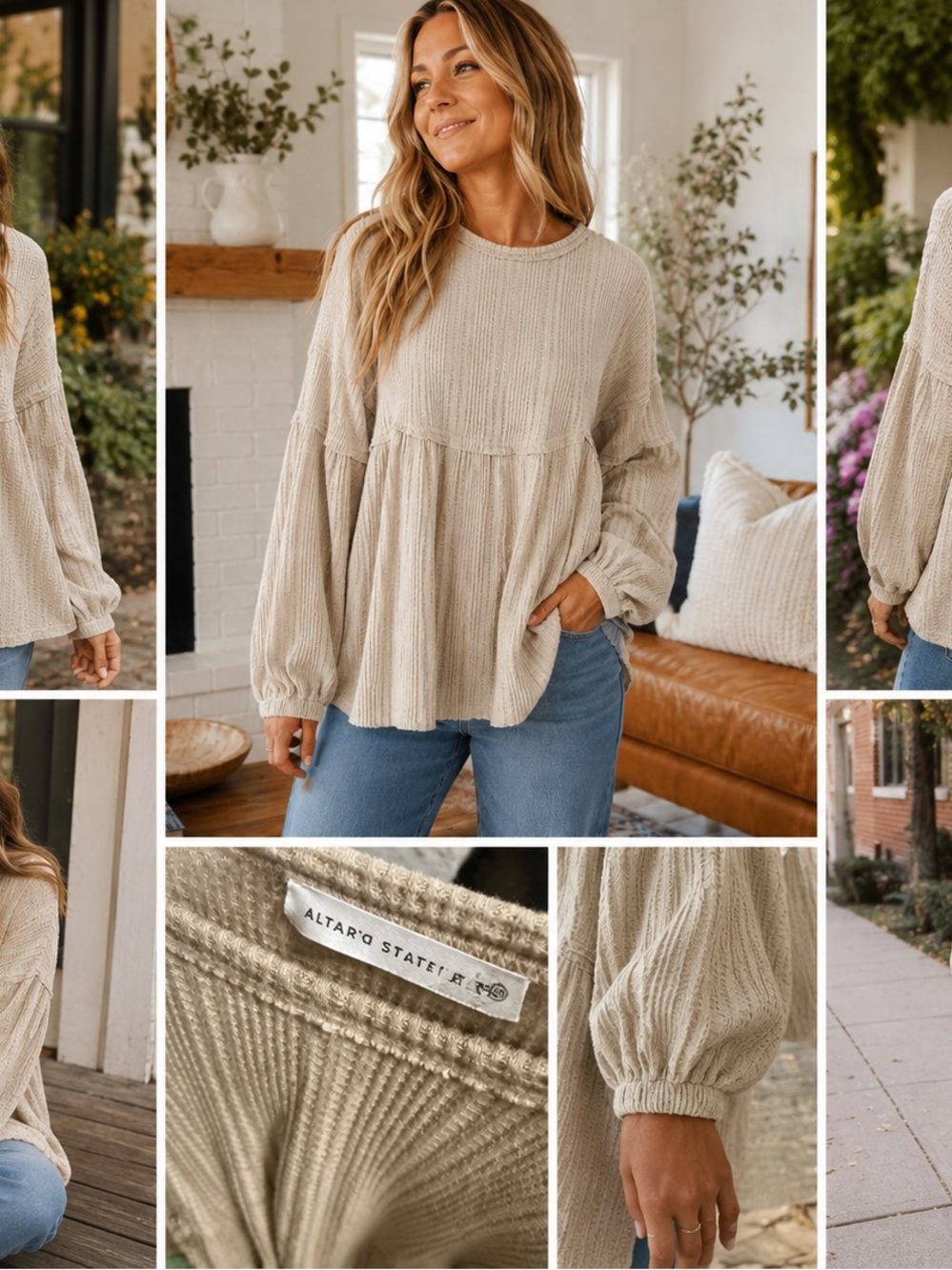 Altar'd State Cream Ribbed Peplum Long Sleeve Top - Picture 2 of 4